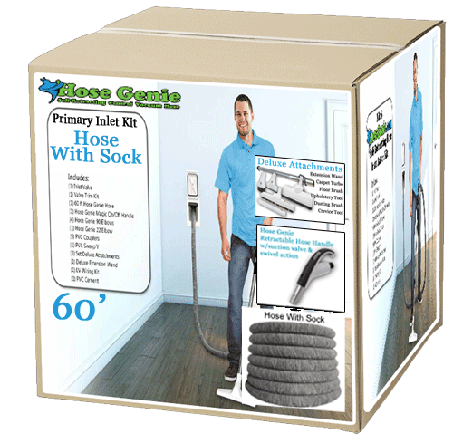 Hose Genie Retractable 60' Hose w/sock - 1st Inlet Kit (2600 - 2800 sq/ft area) 1 Hose Genie Hide-A-Hose Kit PS 60 Kit